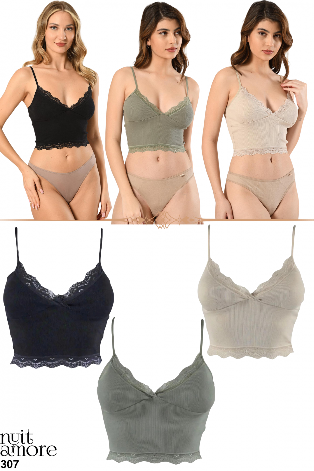 Nuitamore 3'lü Crop Takım Askılı Dantelli Pedli Büstiyer Bluz