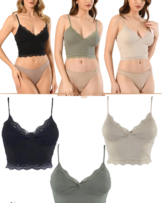 Nuitamore 3'lü Crop Takım Askılı Dantelli Pedli Büstiyer Bluz Nuitamore 3'lü Crop Takım Askılı Dantelli Pedli Büstiyer Bluz