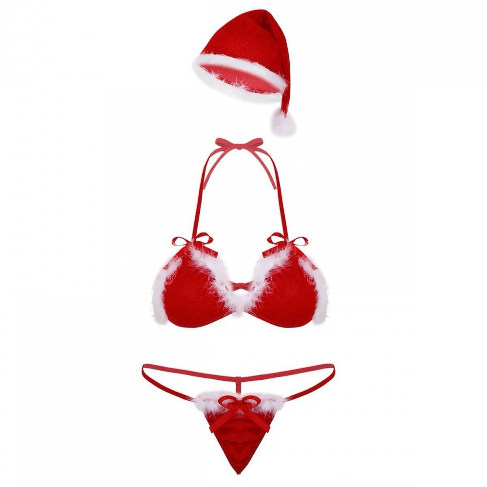 Nuitamore Noel'e Özel Kırmızı Yumuşak Kadife ve Beyaz Tüylü Sütyen Takım.