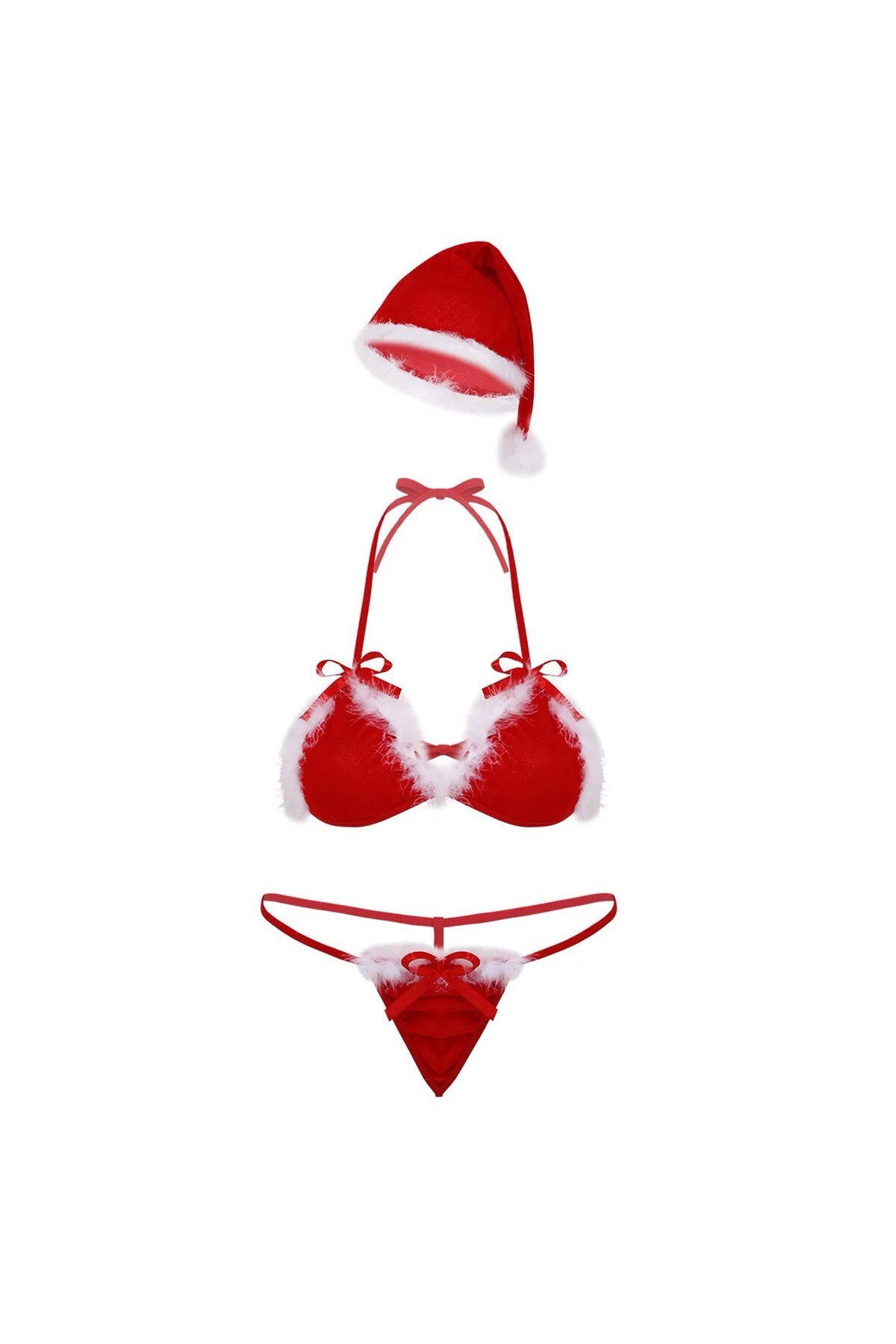 Nuitamore Noel'e Özel Kırmızı Yumuşak Kadife ve Beyaz Tüylü Sütyen Takım.