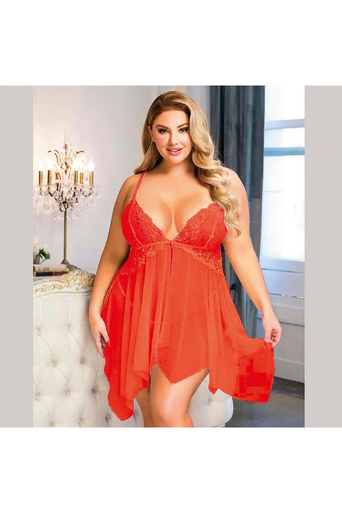 Nuitamore Kırmızı ''Big size" Dantel ve Tül Kumaşlı Gecelik