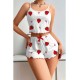 Beyaz Çilek Desenli Askılı Şortlu Pijama Takımı