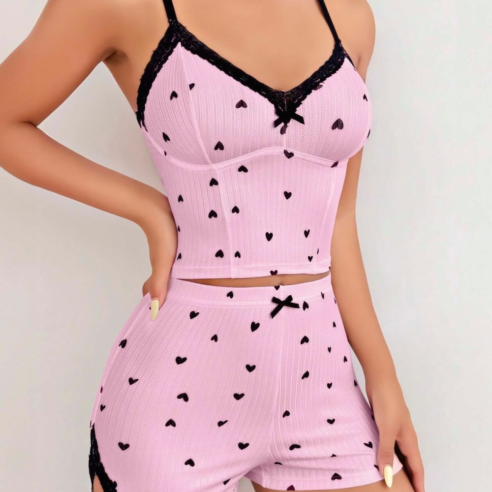 Pembe Kalpli Dantel Detaylı Ribana Şortlu Kadın Pijama Takımı –