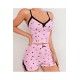 Pembe Kalpli Dantel Detaylı Ribana Şortlu Kadın Pijama Takımı –
