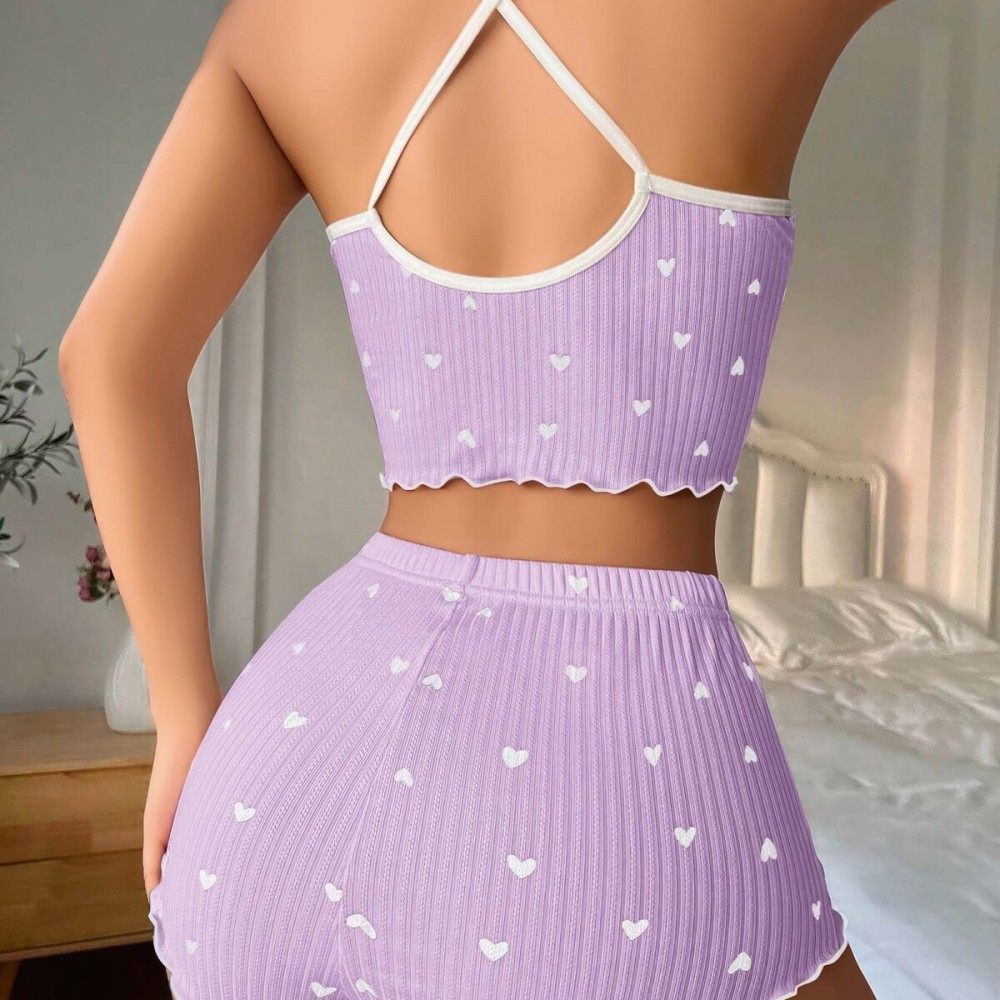 Lila Kalpli Fiyonklu Kadın Şortlu Pijama Takımı – Pamuklu Ribana –
