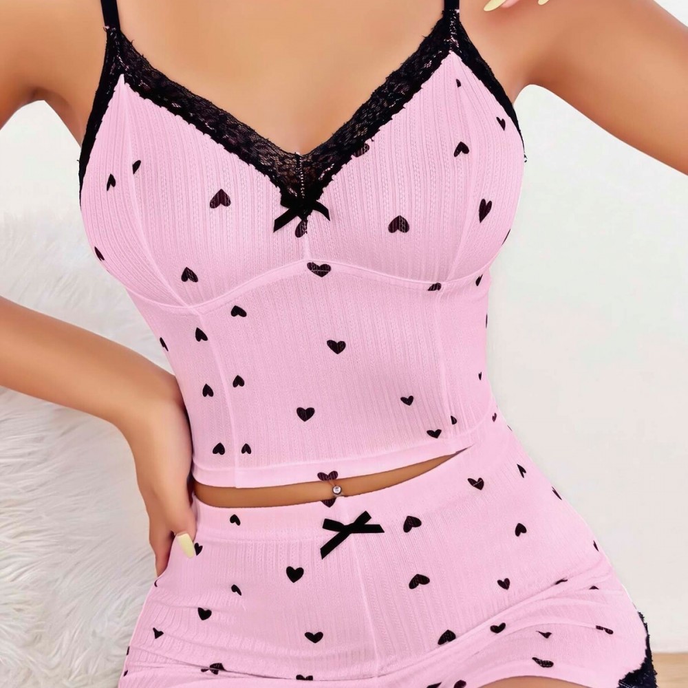 Pembe Kalpli Dantel Detaylı Ribana Şortlu Kadın Pijama Takımı –