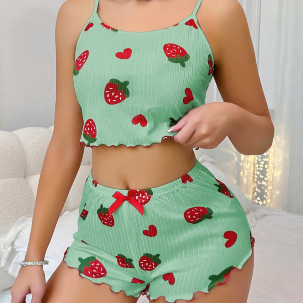 Çilek Desenli Kadın Şortlu Pijama Takımı – Pamuklu Ribana –