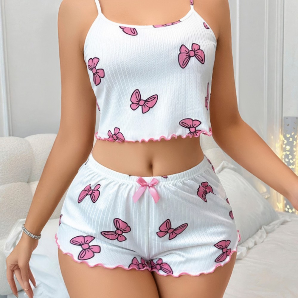 Beyaz Kelebek Desenli Crop Şortlu Kadın Pijama Takımı – Pamuklu Ribana –