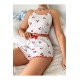 Beyaz Kiraz Desenli Crop Şortlu Kadın Pijama Takımı – Pamuklu Ribana –