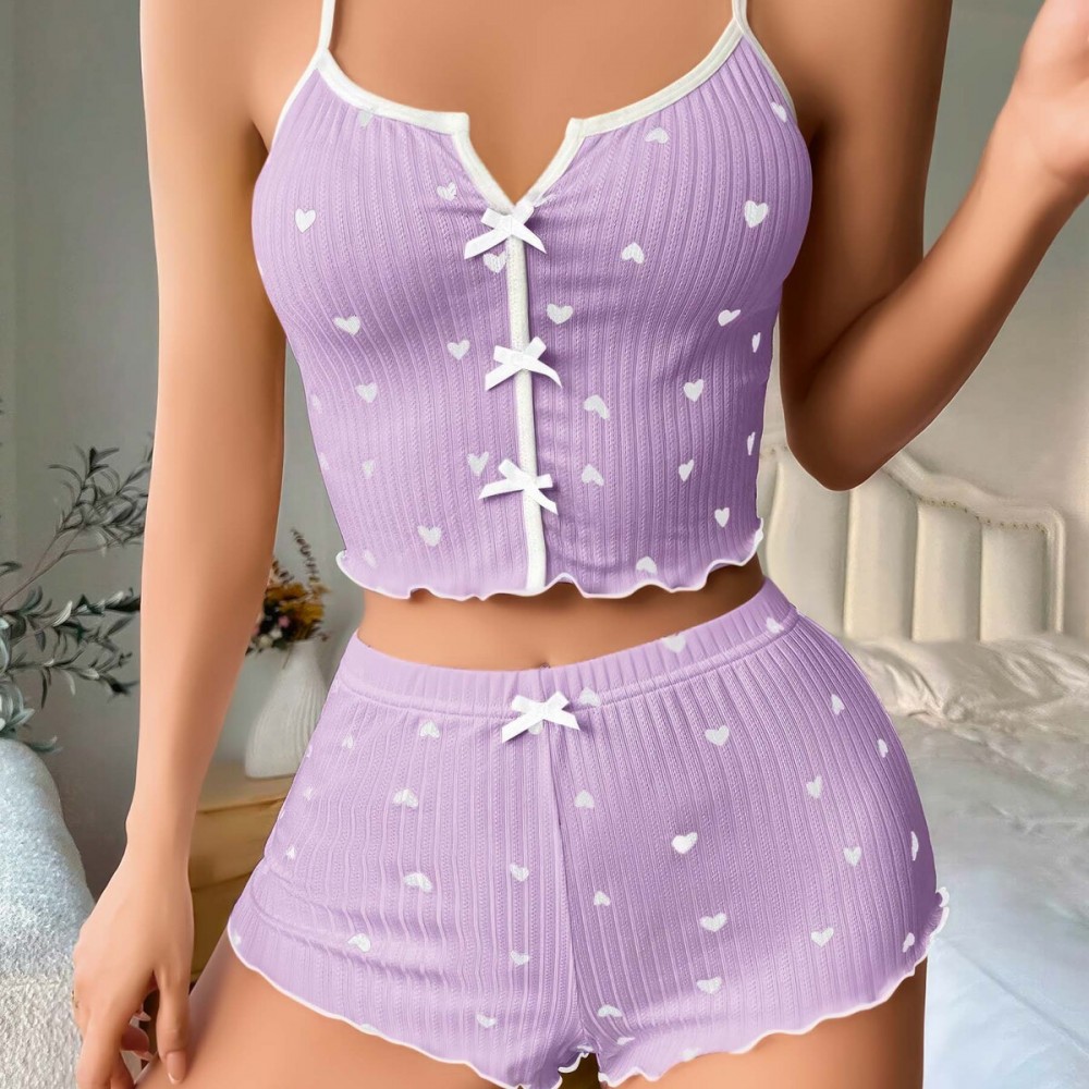 Lila Kalpli Fiyonklu Kadın Şortlu Pijama Takımı – Pamuklu Ribana –