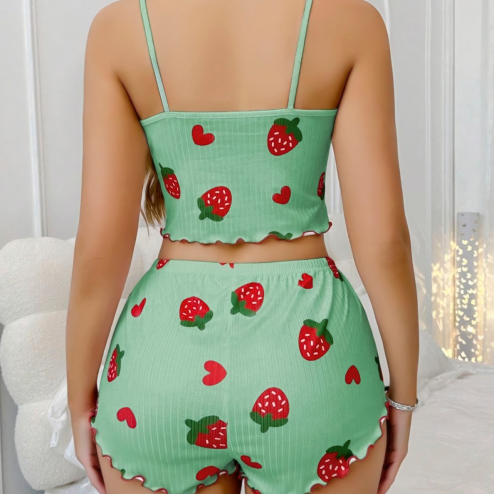Çilek Desenli Kadın Şortlu Pijama Takımı – Pamuklu Ribana –
