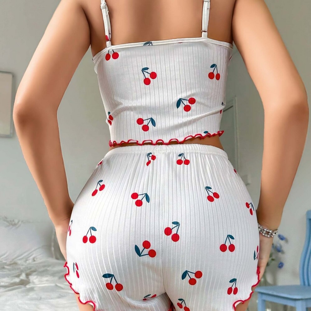 Beyaz Kiraz Desenli Crop Şortlu Kadın Pijama Takımı – Pamuklu Ribana –