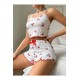 Beyaz Kiraz Desenli Crop Şortlu Kadın Pijama Takımı – Pamuklu Ribana –