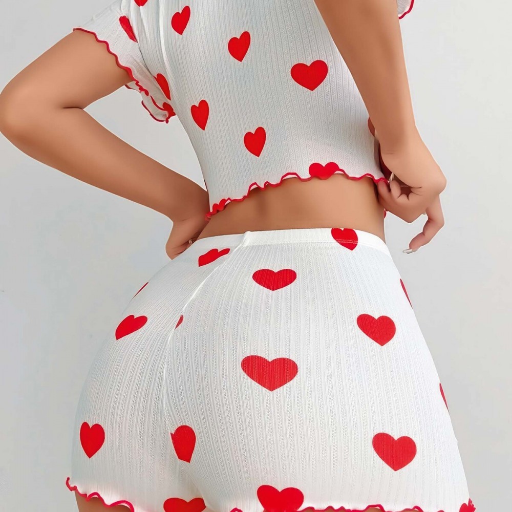 Kırmızı Kalpli Kısa Kollu Crop Şortlu Pijama Takımı – Pamuklu Ribana –