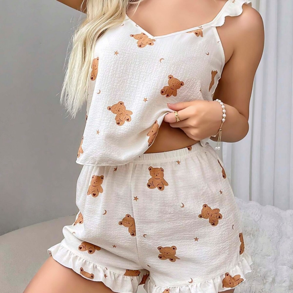 Ayıcık Desenli Dabıl Kumaş Şortlu Kadın Pijama Takımı – Askılı –