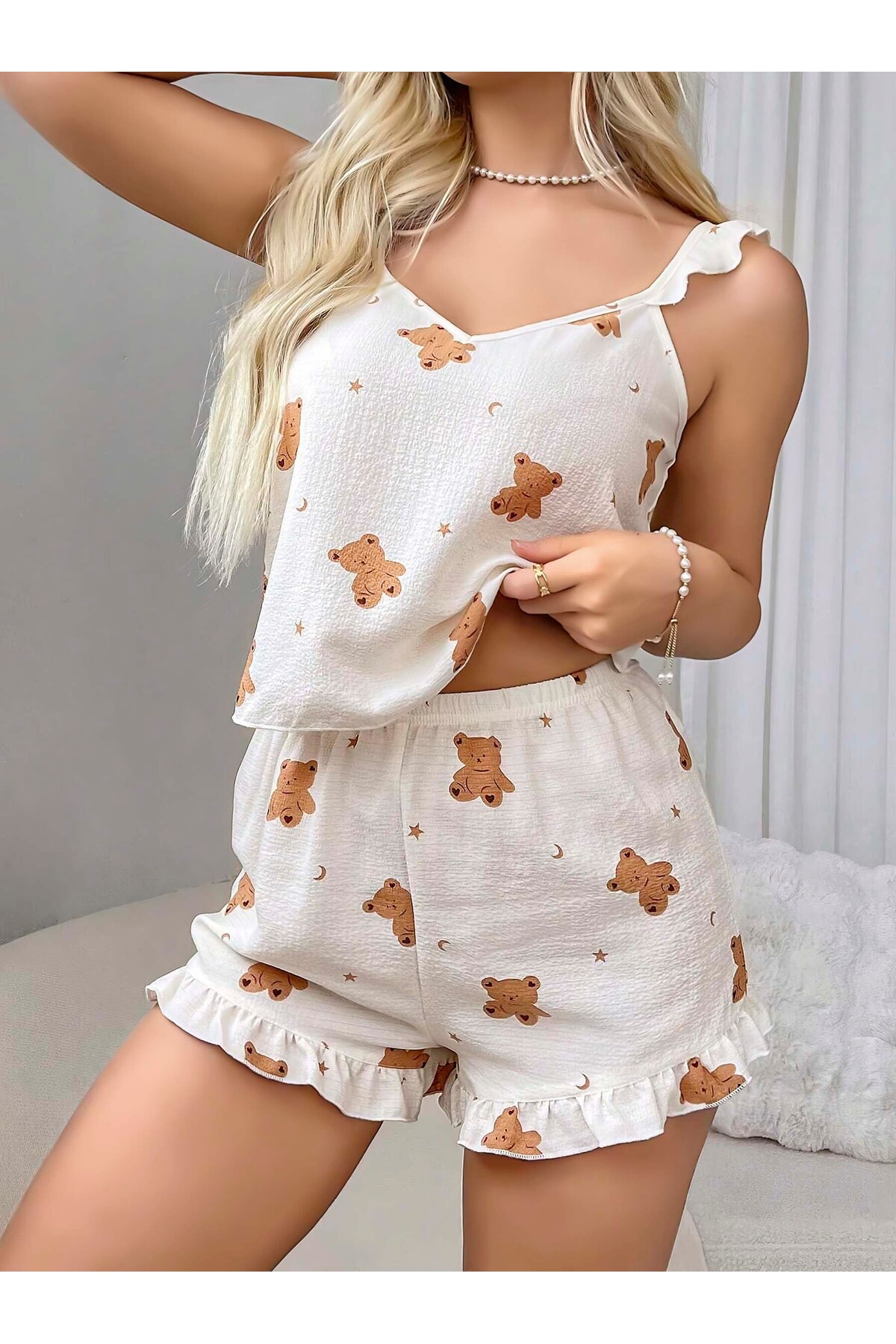 Ayıcık Desenli Dabıl Kumaş Şortlu Kadın Pijama Takımı – Askılı –