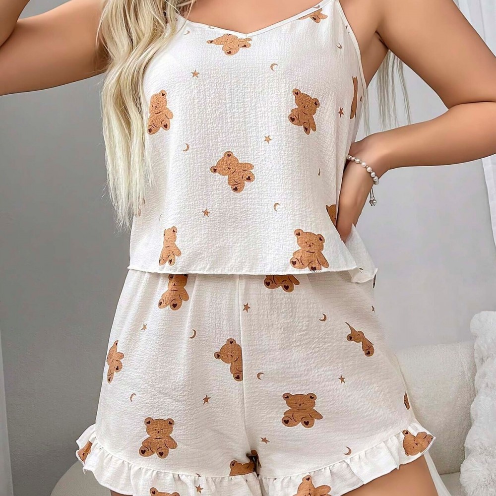Ayıcık Desenli Dabıl Kumaş Şortlu Kadın Pijama Takımı – Askılı –