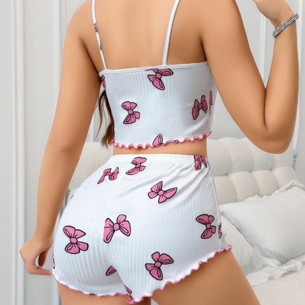 Beyaz Kelebek Desenli Crop Şortlu Kadın Pijama Takımı – Pamuklu Ribana –