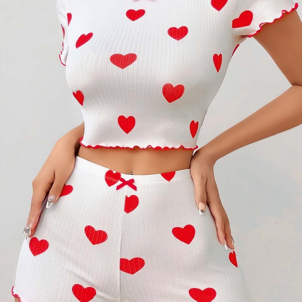Kırmızı Kalpli Kısa Kollu Crop Şortlu Pijama Takımı – Pamuklu Ribana –