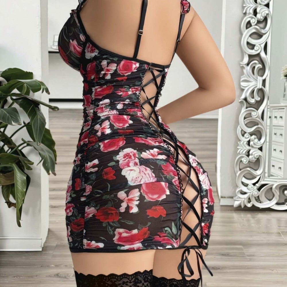 Çiçek Desenli Siyah Korse Detaylı Mini Elbise – Jartiyerli Tasarım