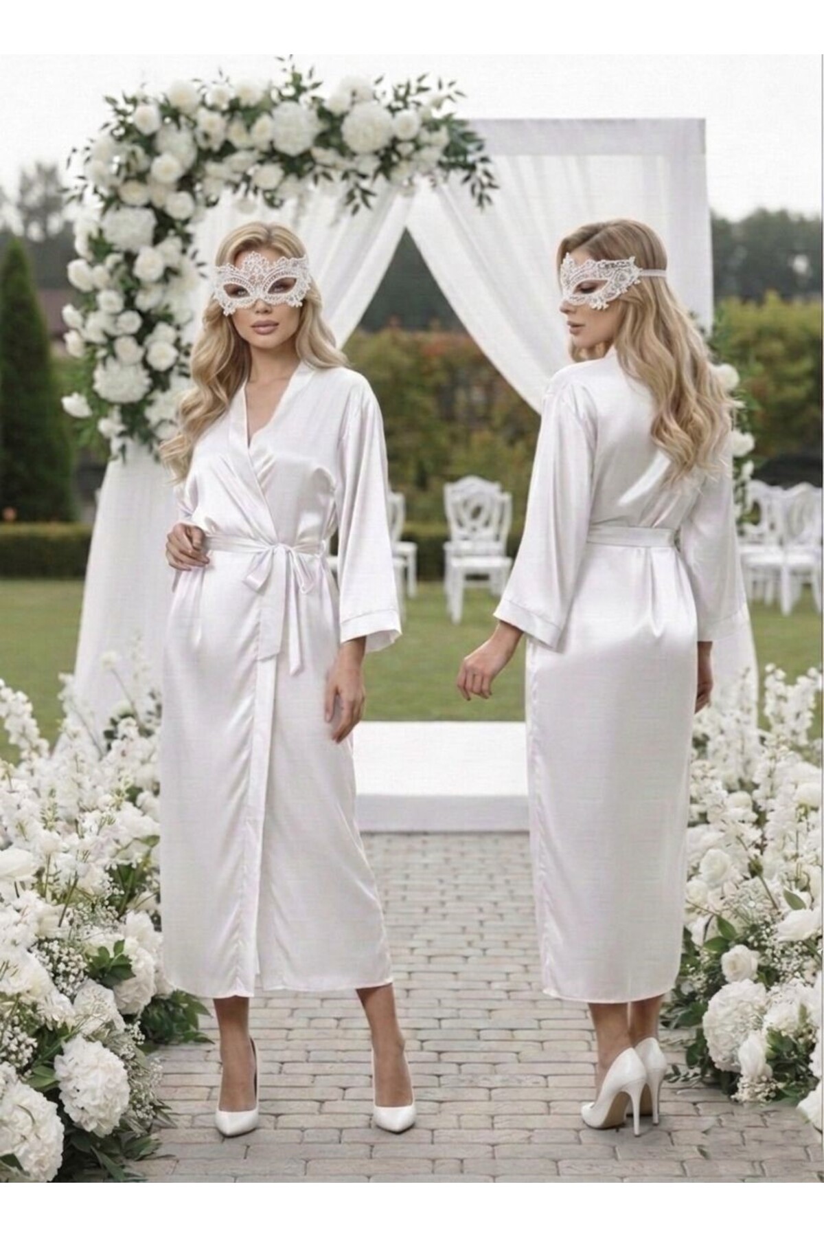 Beyaz Bride Saten Uzun Sabahlık.