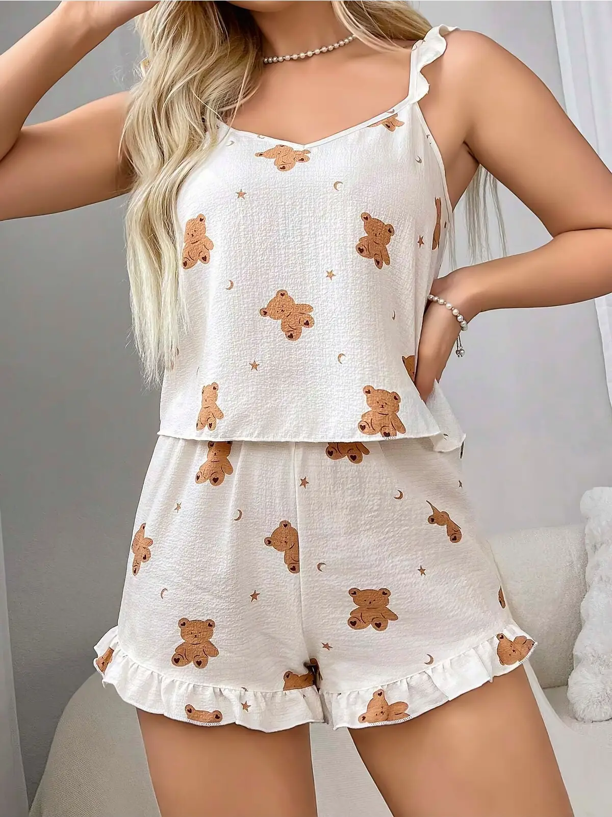 Ayıcık Desenli Dabıl Kumaş Şortlu Kadın Pijama Takımı – Askılı – — detay