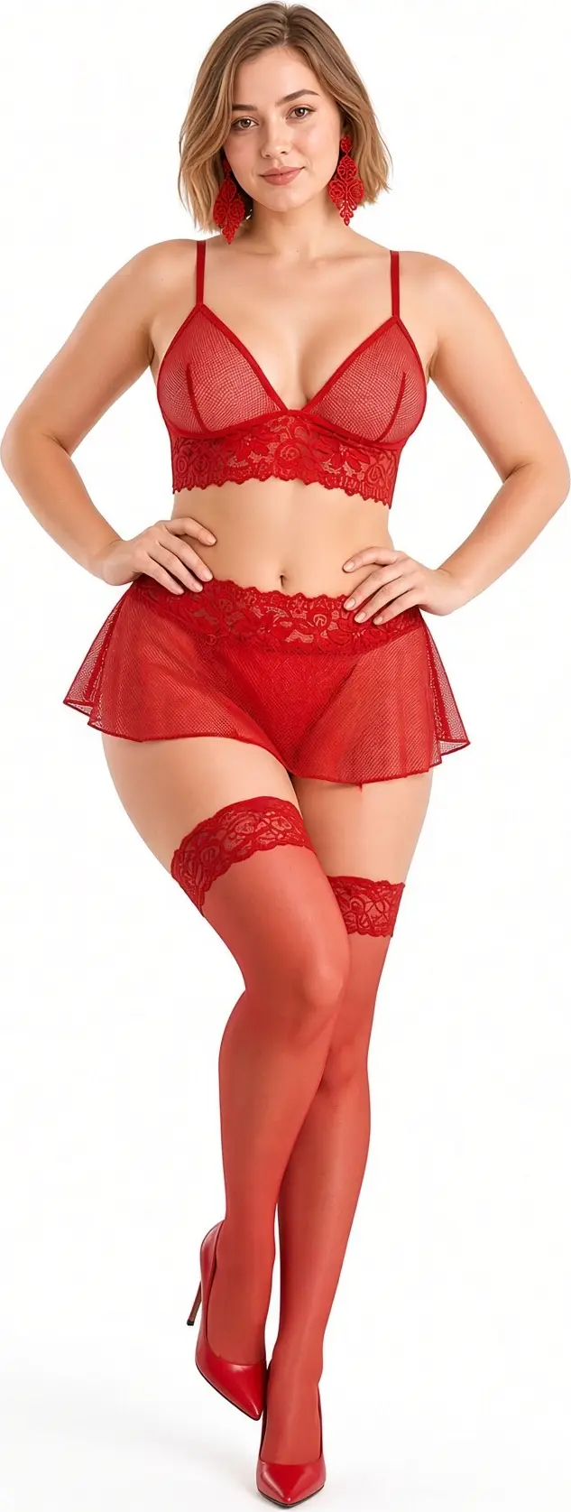 Büyük Beden Kırmızı File Dantel Babydoll