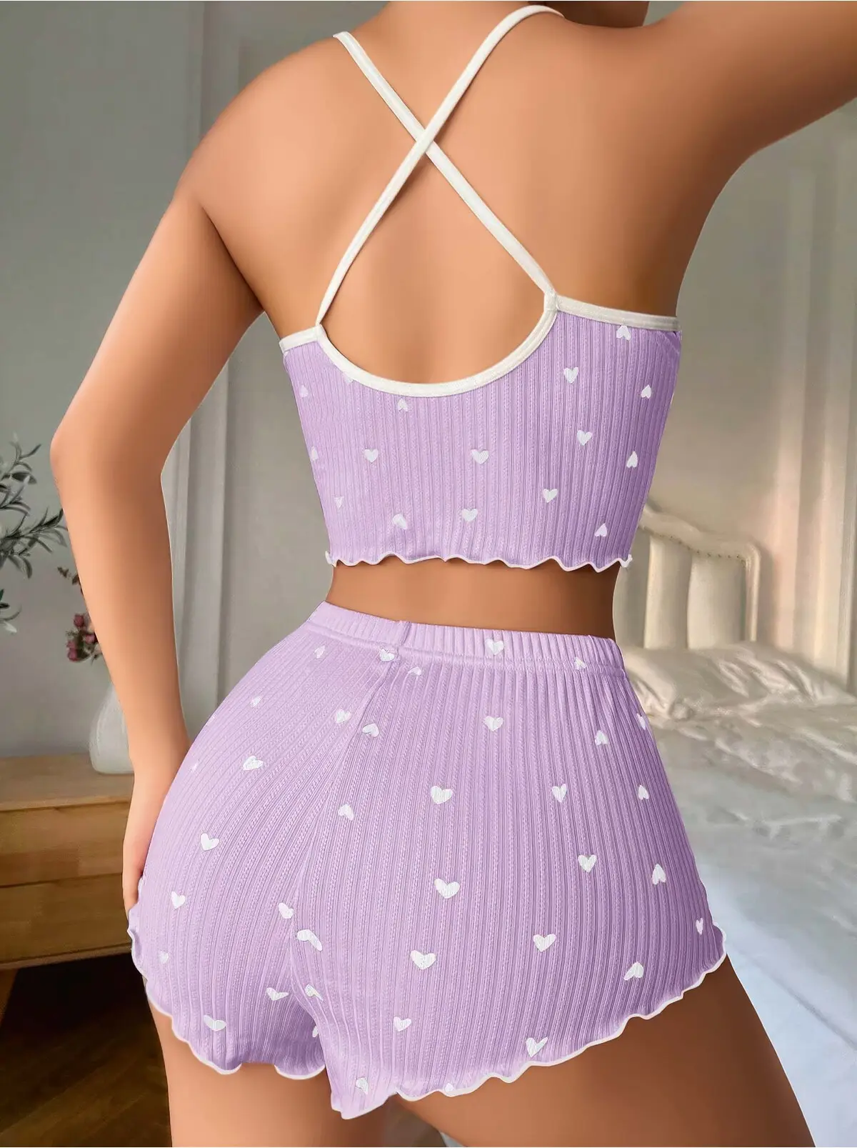 Lila Kalpli Fiyonklu Kadın Şortlu Pijama Takımı – Pamuklu Ribana –