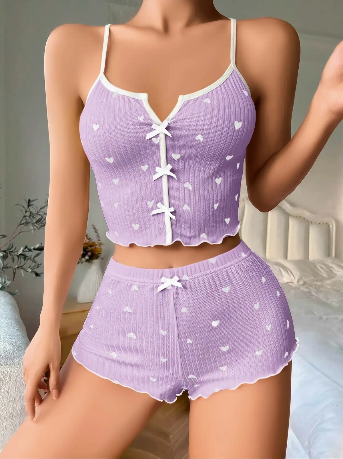Lila Kalpli Fiyonklu Kadın Şortlu Pijama Takımı – Pamuklu Ribana –