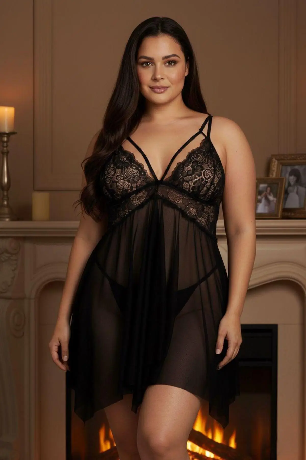 Büyük Beden Tül & Dantel Transparan Babydoll – Siyah/Kırmızı