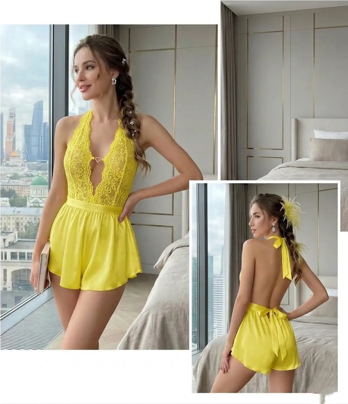 Kadın Dantel Detaylı Saten Şort Tulum – Beyaz –