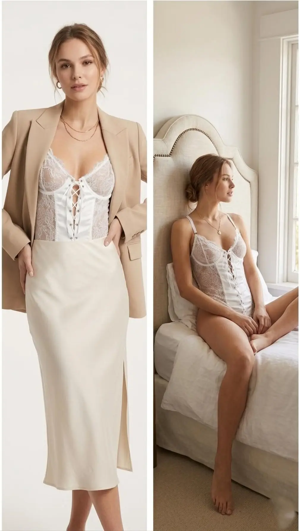 Beyaz Dantel Body Kadın İp Askılı Bağcık Detaylı Bodysuit