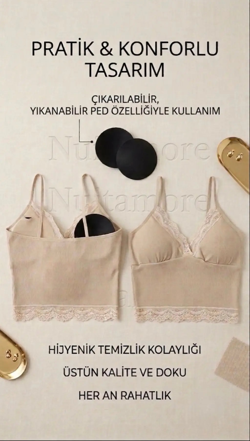 Nuitamore 3’lü Crop Takım Askılı Dantelli Pedli Büstiyer Bluz