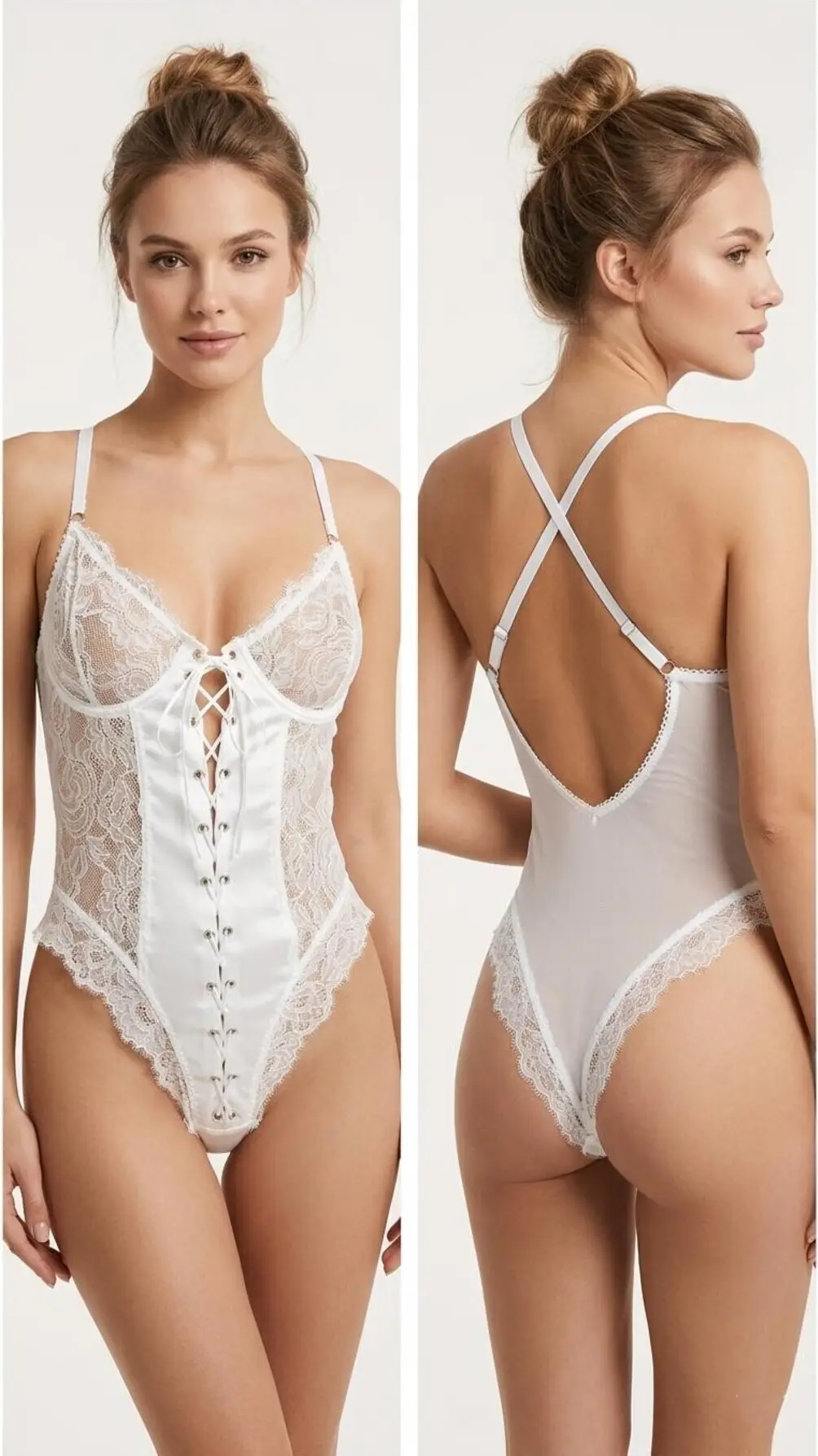 Beyaz Dantel Body Kadın İp Askılı Bağcık Detaylı Bodysuit